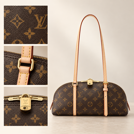 Vintage East-West Dome Shoulder Bag – Brown Patterned Canvas