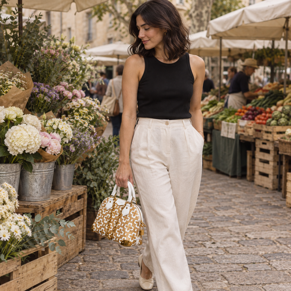 Metallic Gold Floral Dome Top Handle Bag