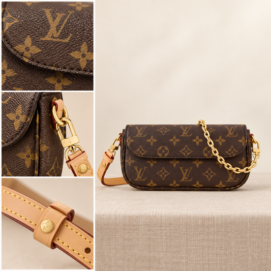 Vintage Chain Baguette Shoulder Bag – Brown Patterned Finish