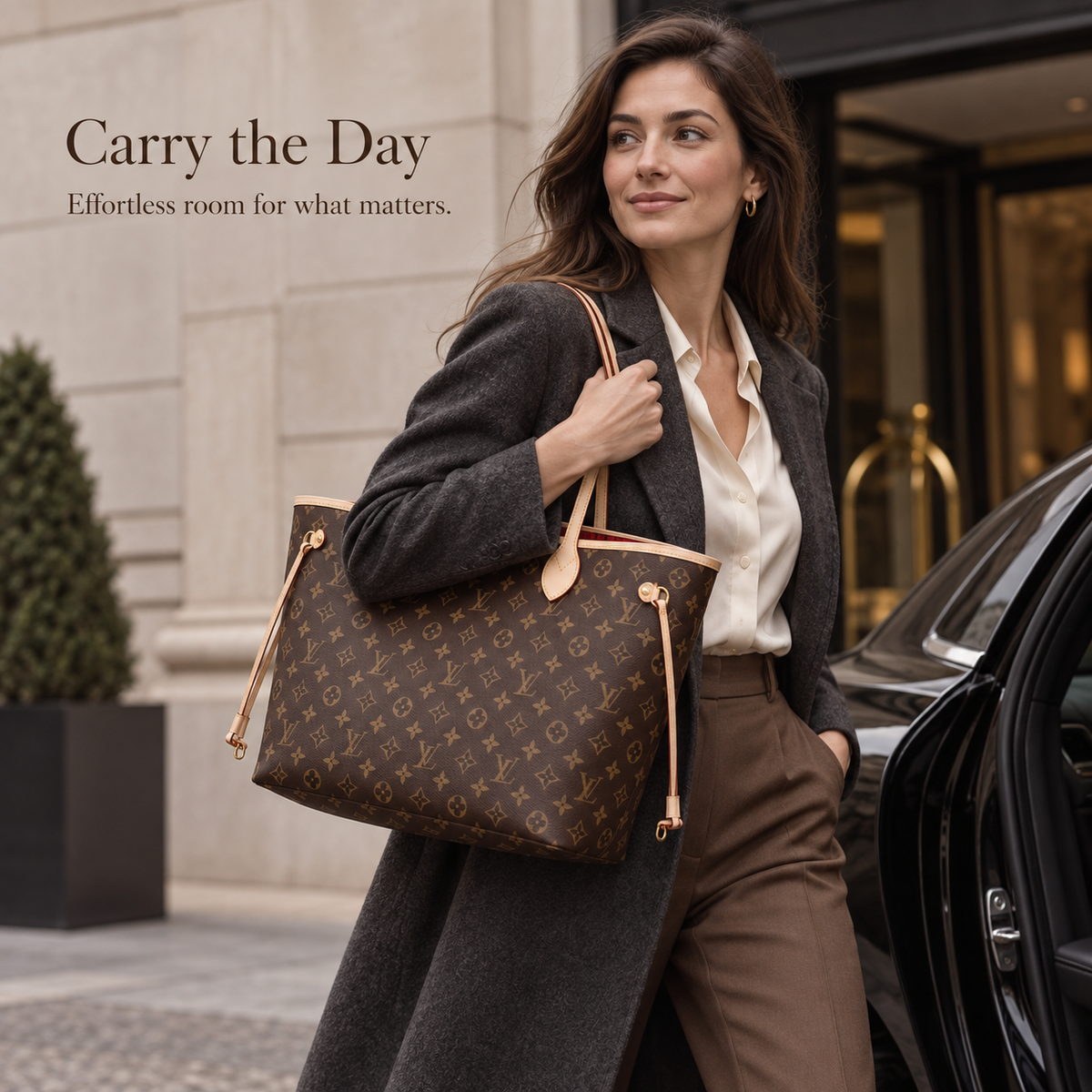 Classic Large Tote Bag with Matching Zip Pouch – Brown Patterned Finish