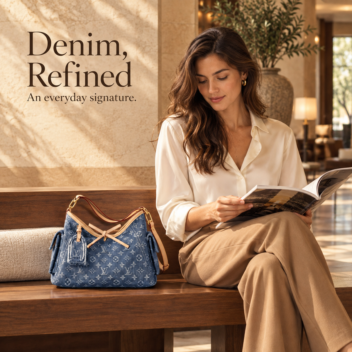 Washed Blue Denim Drawstring Shoulder Bag