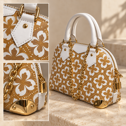 Metallic Gold Floral Dome Top Handle Bag
