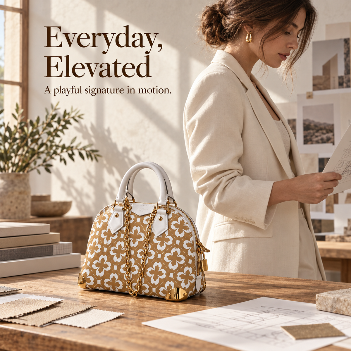 Metallic Gold Floral Dome Top Handle Bag